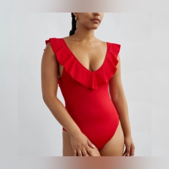 Wilfred Womens Danette Bodysuit Size XS Red Ruffle Ribbed Stretch Aritzia - Picture 2 of 9